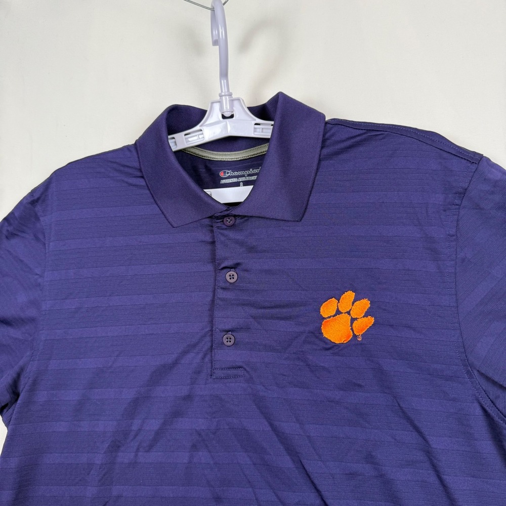 Champion Clemson Tigers Mens Small Purple Striped Performance Polo Shirt CT3012